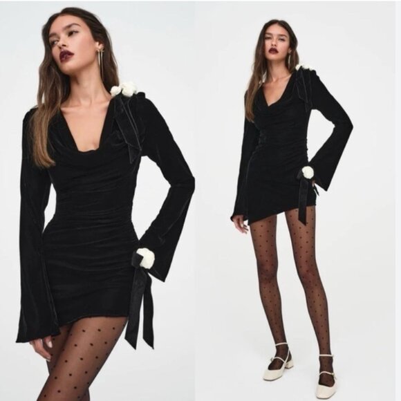 For Love and Lemons Tamera Black Mini Velvet Dress with roses size S - Picture 1 of 9